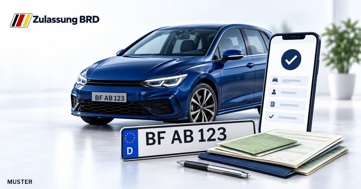 Online Fahrzeugzulassung in Rheine: Musterkennzeichen BF AB 123, Auto und Fahrzeugpapiere und Smartphone. Illustration mit Logo von Zulassung BRD.